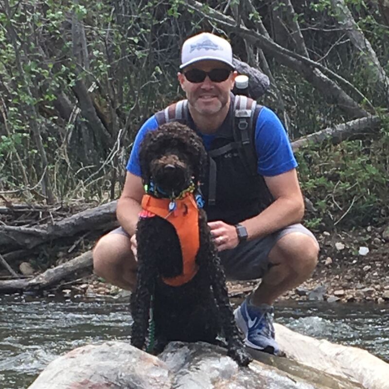 A man wearing sunglasses, a hat, and a blue shirt is crouching next to a black dog with an orange harness. They are both on a rock in a stream. The man has a backpack on. There are trees and foliage in the background. The man is smiling.